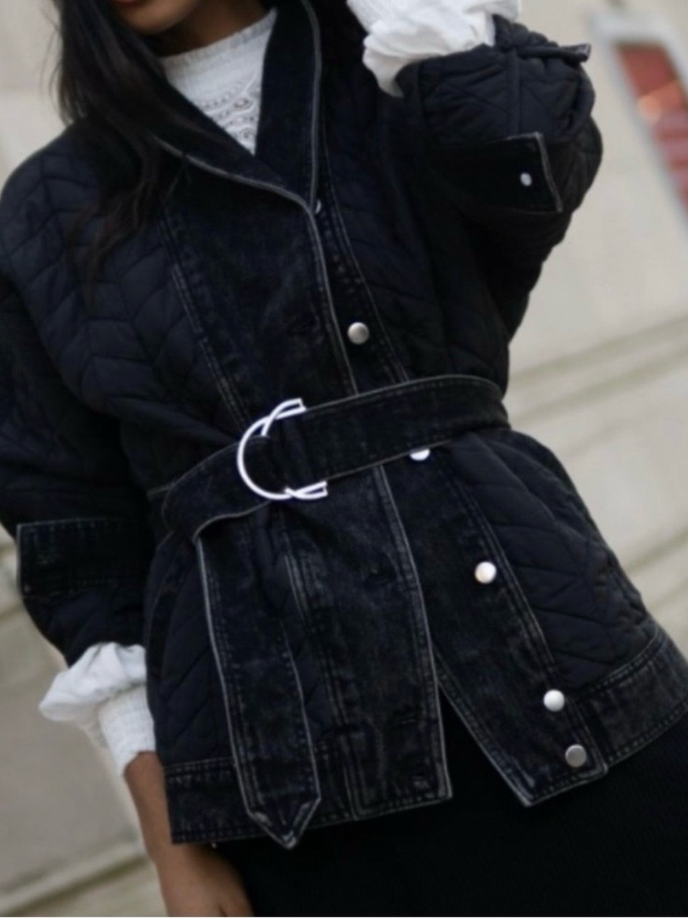 Quilted Belted Black Women's Jacket - Picture 2 of 9